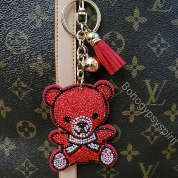 Bling Teddy Bear Crystal Rhinestone Keychain Bag Charm With Red Tassel - Picture 7 of 12